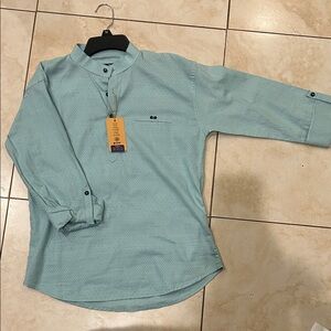 light blue/aqua cotton blend short kurta-style shirt with a mandarin collar.